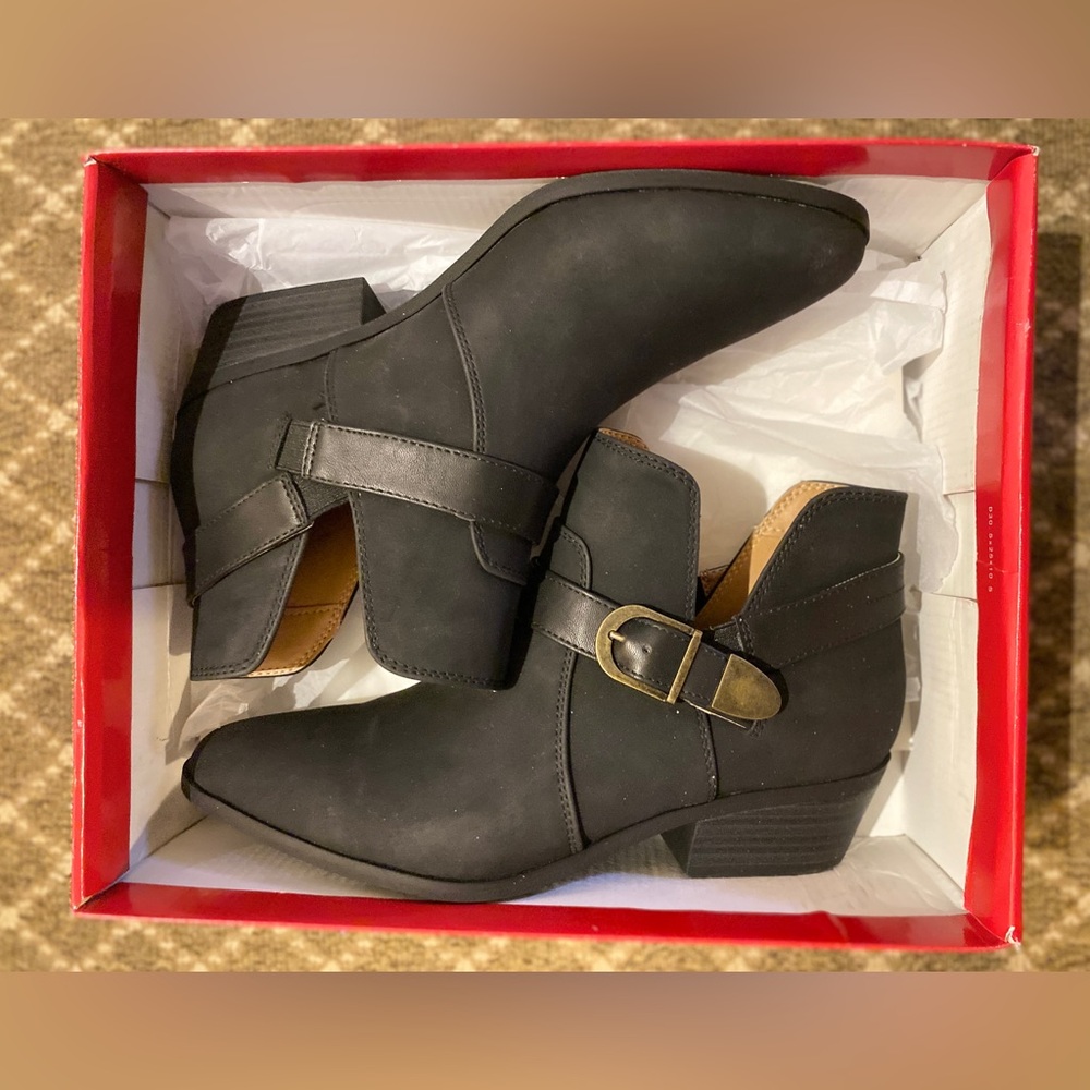 Belk Black Ankle Booties with Buckle Detail, Size 8.5